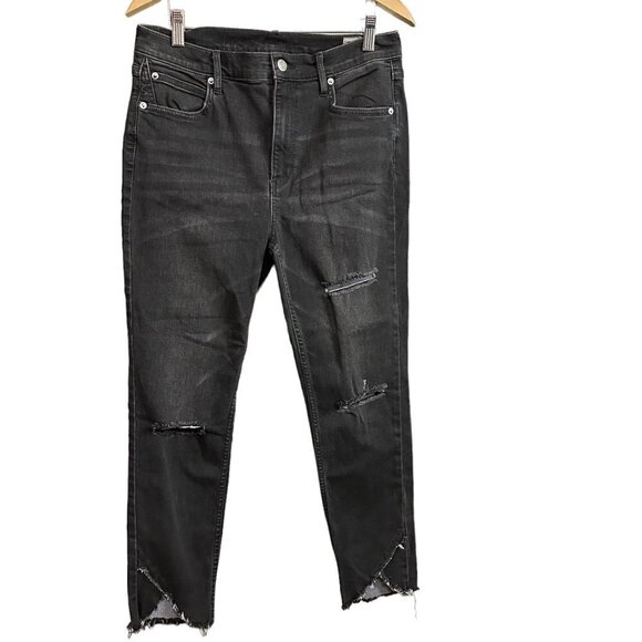 Free People We The Free High Rise Black Distressed Crossed Raw Hem‎ Skinny Jeans - Picture 1 of 7